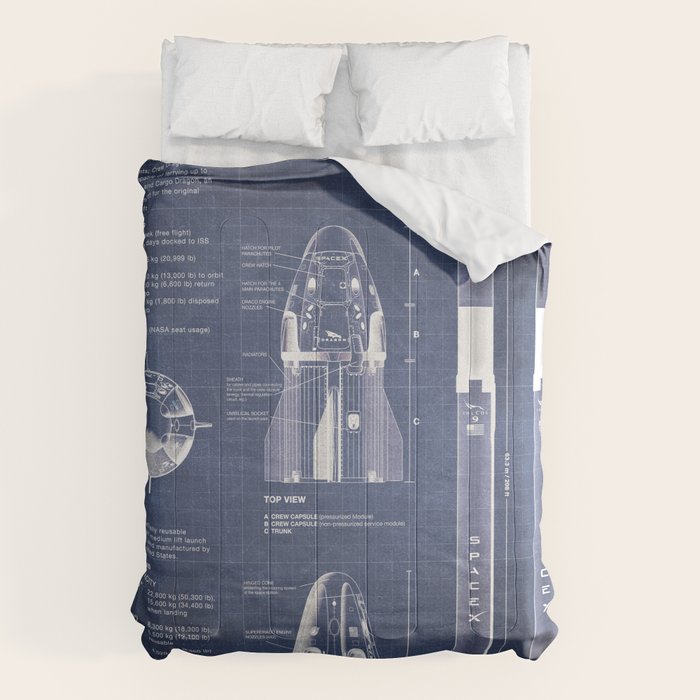 NASA SpaceX Crew Dragon Spacecraft & Falcon 9 Rocket Blueprint in High Resolution (dark blue) Comforter Gallery Image 6
