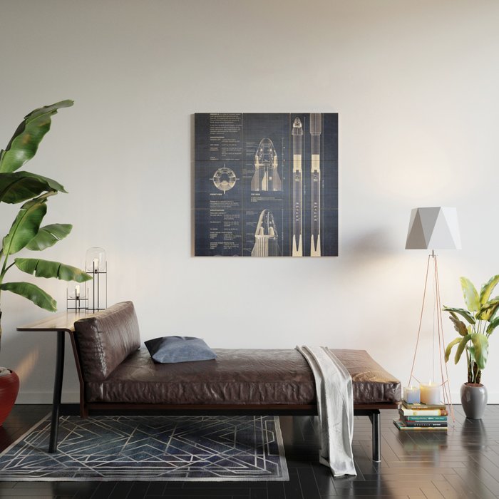 NASA SpaceX Crew Dragon Spacecraft & Falcon 9 Rocket Blueprint in High Resolution (dark blue) Wood Wall Art Gallery Image 2