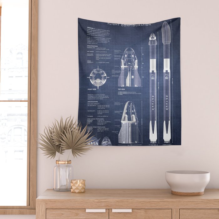 NASA SpaceX Crew Dragon Spacecraft & Falcon 9 Rocket Blueprint in High Resolution (dark blue) Wall Tapestry Gallery Image 2