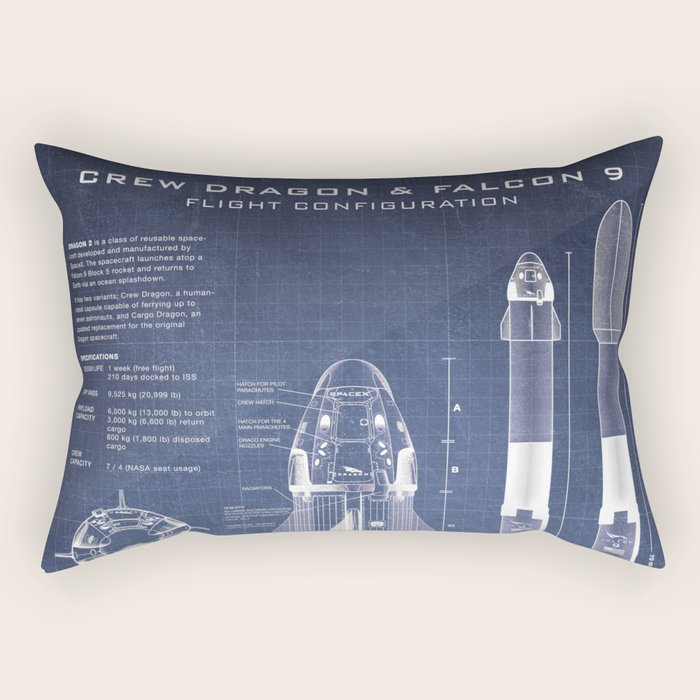 NASA SpaceX Crew Dragon Spacecraft & Falcon 9 Rocket Blueprint in High Resolution (dark blue) Rectangular Pillow Gallery Image 1