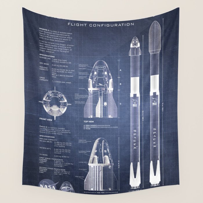 NASA SpaceX Crew Dragon Spacecraft & Falcon 9 Rocket Blueprint in High Resolution (dark blue) Wall Tapestry Gallery Image 4