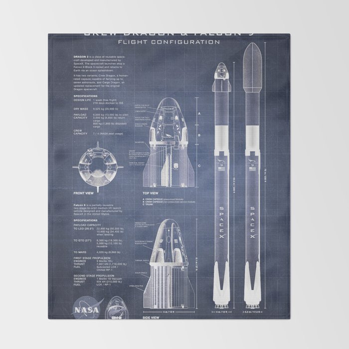 NASA SpaceX Crew Dragon Spacecraft & Falcon 9 Rocket Blueprint in High Resolution (dark blue) Throw Blanket Gallery Image 2