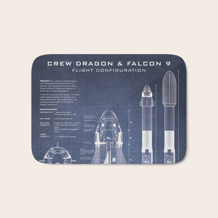 NASA SpaceX Crew Dragon Spacecraft & Falcon 9 Rocket Blueprint in High Resolution (dark blue) Bath Mat Gallery Image 1