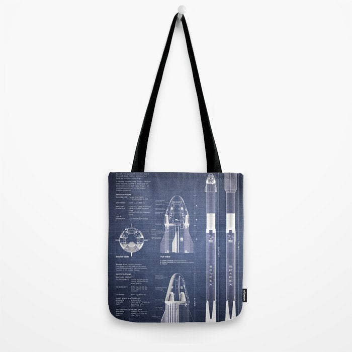 NASA SpaceX Crew Dragon Spacecraft & Falcon 9 Rocket Blueprint in High Resolution (dark blue) Tote Bag Gallery Image 2
