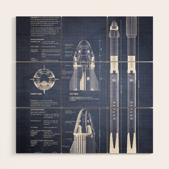 NASA SpaceX Crew Dragon Spacecraft & Falcon 9 Rocket Blueprint in High Resolution (dark blue) Wood Wall Art Gallery Image 1