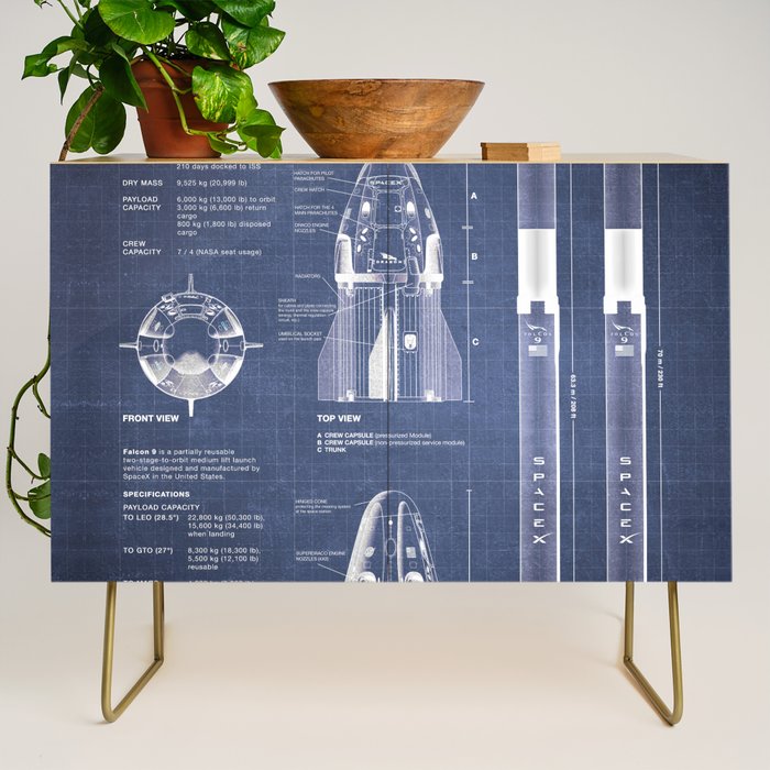 NASA SpaceX Crew Dragon Spacecraft & Falcon 9 Rocket Blueprint in High Resolution (dark blue) Credenza Gallery Image 1