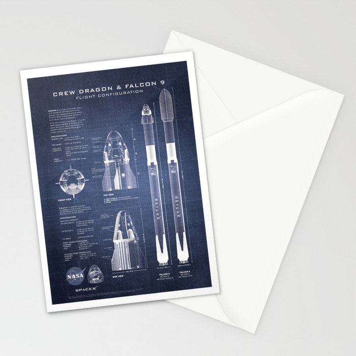 NASA SpaceX Crew Dragon Spacecraft & Falcon 9 Rocket Blueprint in High Resolution (dark blue) Stationery Card Gallery Image 2
