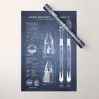 NASA SpaceX Crew Dragon Spacecraft & Falcon 9 Rocket Blueprint in High Resolution (dark blue) Wrapping Paper Gallery Image 1
