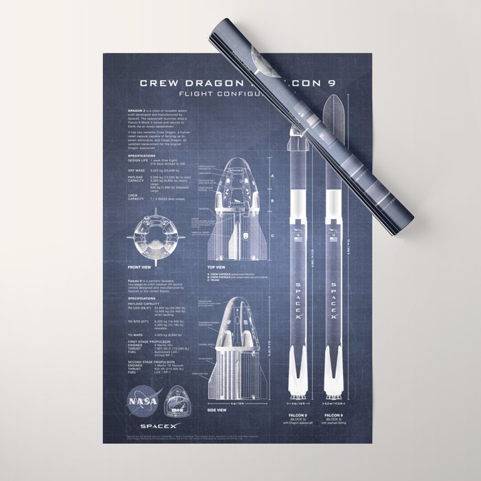 NASA SpaceX Crew Dragon Spacecraft & Falcon 9 Rocket Blueprint in High Resolution (dark blue) Wrapping Paper Gallery Image 1