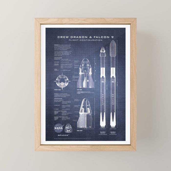 NASA SpaceX Crew Dragon Spacecraft & Falcon 9 Rocket Blueprint in High Resolution (dark blue) Mini Art Print Gallery Image 1