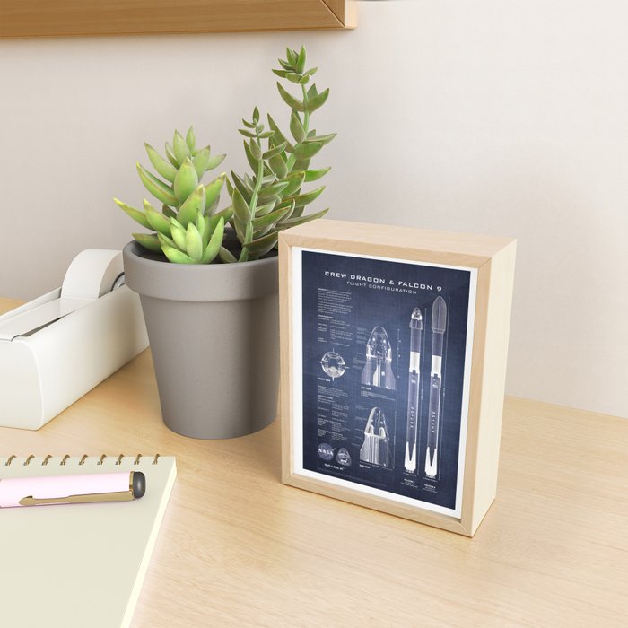 NASA SpaceX Crew Dragon Spacecraft & Falcon 9 Rocket Blueprint in High Resolution (dark blue) Mini Art Print Gallery Image 2