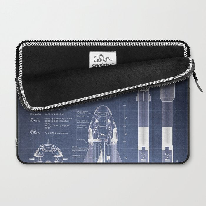 NASA SpaceX Crew Dragon Spacecraft & Falcon 9 Rocket Blueprint in High Resolution (dark blue) Laptop Sleeve Gallery Image 2