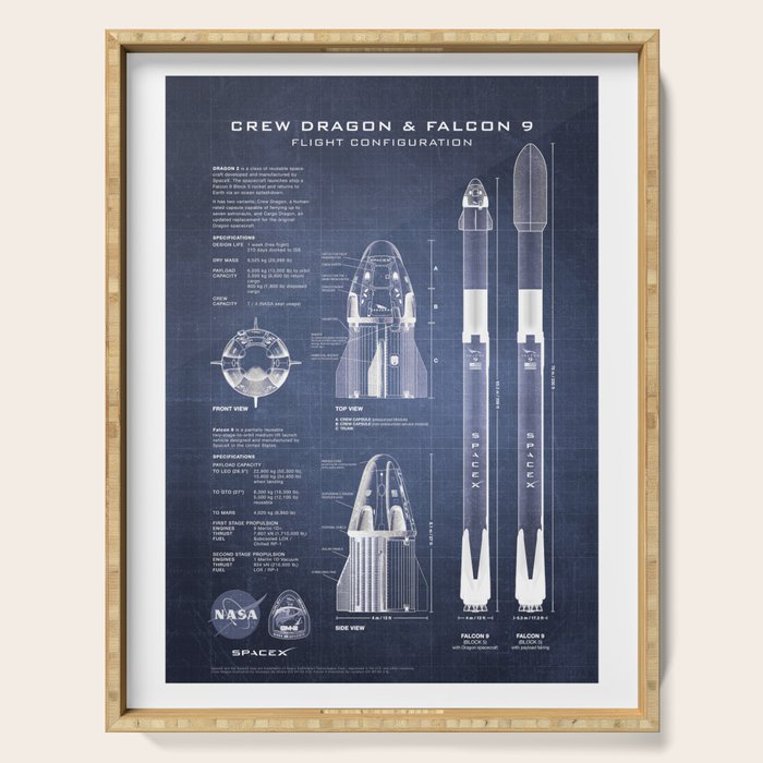 NASA SpaceX Crew Dragon Spacecraft & Falcon 9 Rocket Blueprint in High Resolution (dark blue) Serving Tray Gallery Image 1