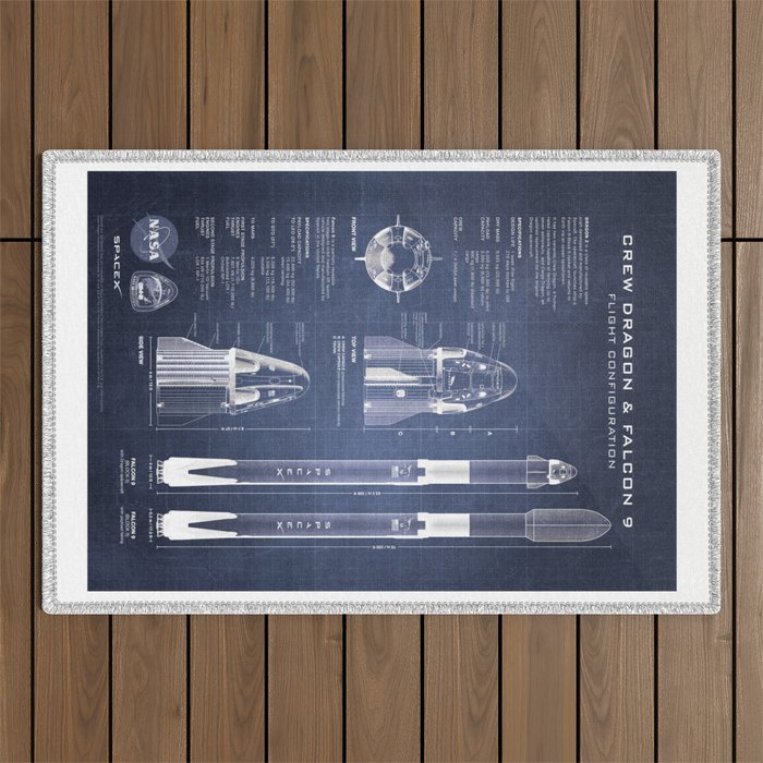 NASA SpaceX Crew Dragon Spacecraft & Falcon 9 Rocket Blueprint in High Resolution (dark blue) Outdoor Rug Gallery Image 1