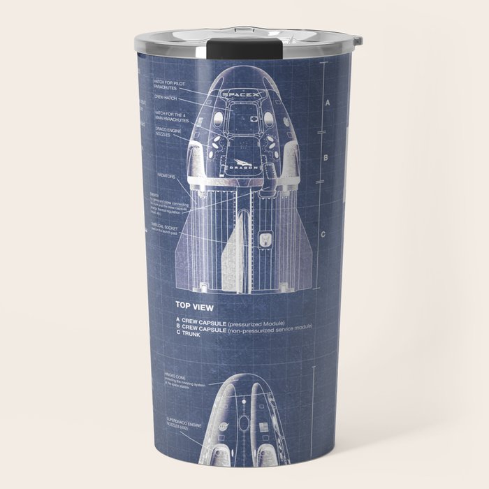 NASA SpaceX Crew Dragon Spacecraft & Falcon 9 Rocket Blueprint in High Resolution (dark blue) Travel Mug Gallery Image 1