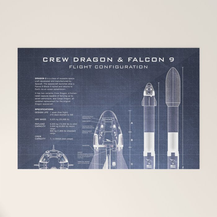 NASA SpaceX Crew Dragon Spacecraft & Falcon 9 Rocket Blueprint in High Resolution (dark blue) Welcome Mat Gallery Image 1