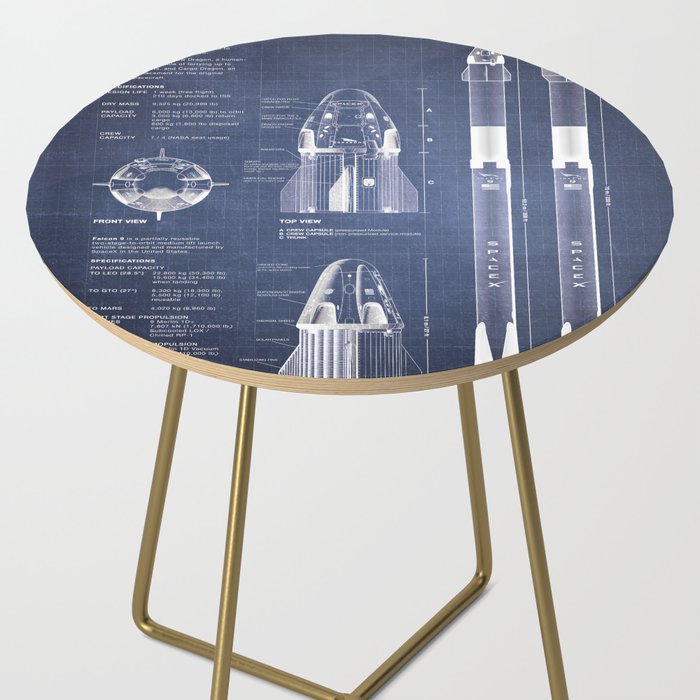 NASA SpaceX Crew Dragon Spacecraft & Falcon 9 Rocket Blueprint in High Resolution (dark blue) Side Table Gallery Image 2