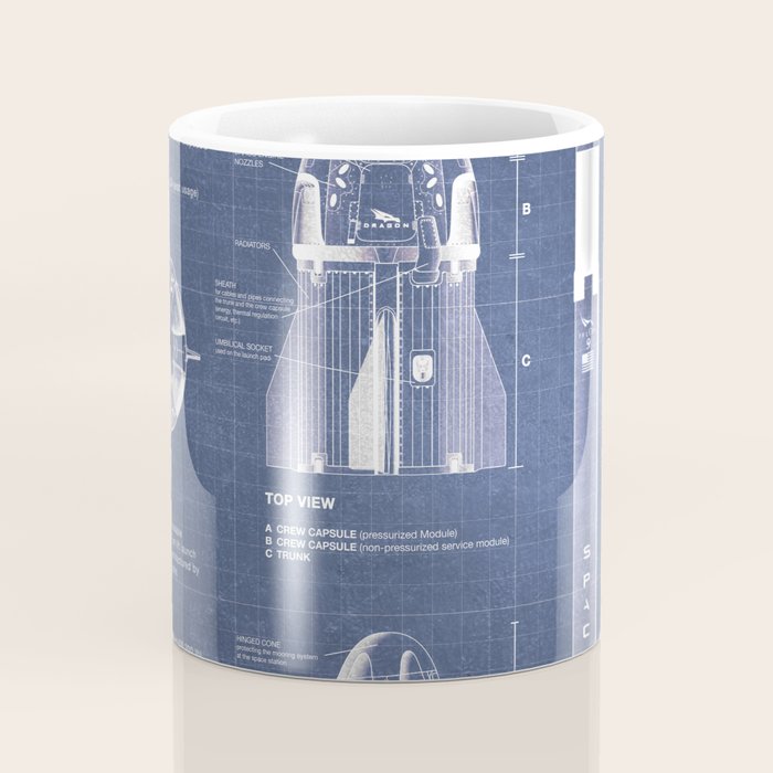NASA SpaceX Crew Dragon Spacecraft & Falcon 9 Rocket Blueprint in High Resolution (dark blue) Coffee Mug Gallery Image 4