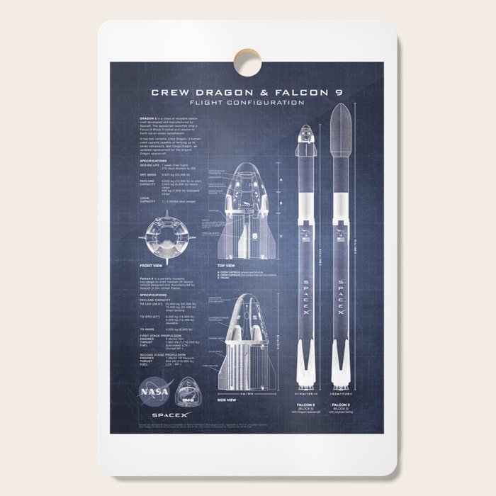 NASA SpaceX Crew Dragon Spacecraft & Falcon 9 Rocket Blueprint in High Resolution (dark blue) Cutting Board Gallery Image 1