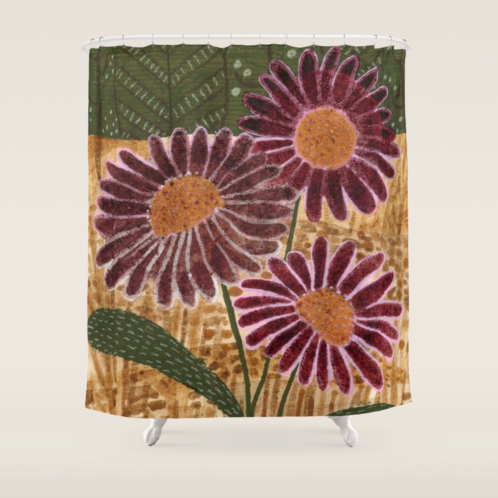 Daisies in Country Field Painting in Burgundy Red Shower Curtain Gallery Image 1