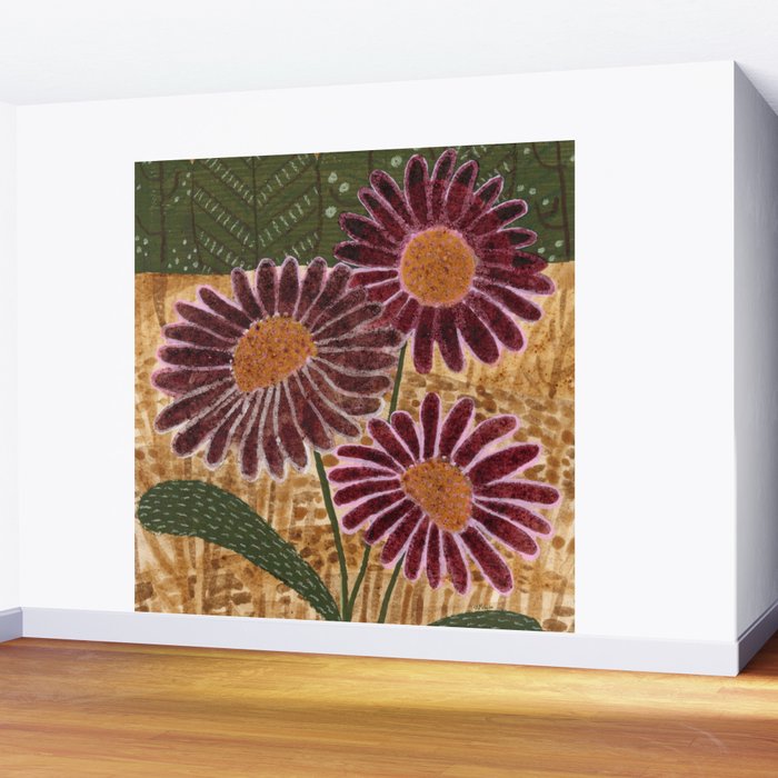 Daisies in Country Field Painting in Burgundy Red Wall Mural Gallery Image 2