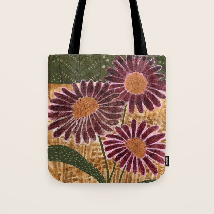 Daisies in Country Field Painting in Burgundy Red Tote Bag Gallery Image 1