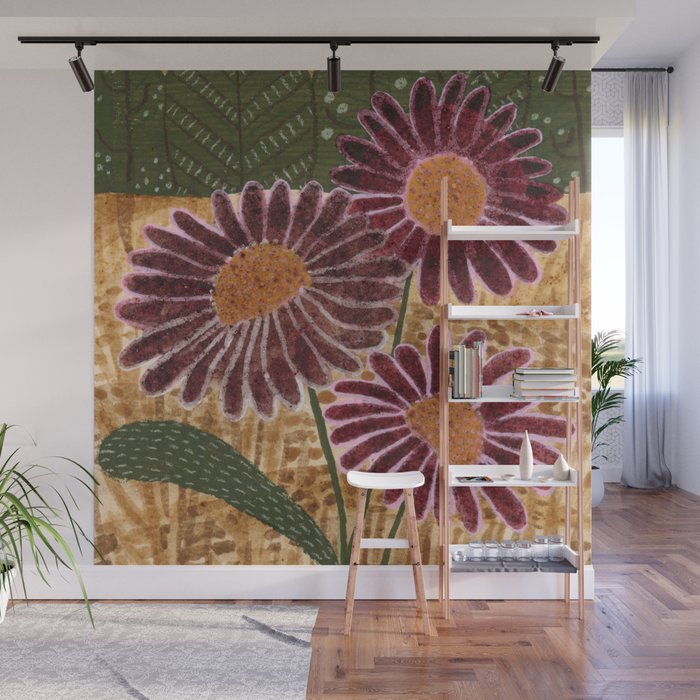 Daisies in Country Field Painting in Burgundy Red Wall Mural Gallery Image 1