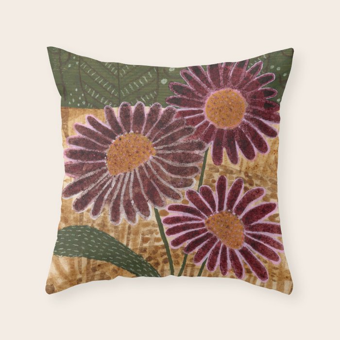 Daisies in Country Field Painting in Burgundy Red Throw Pillow Gallery Image 1