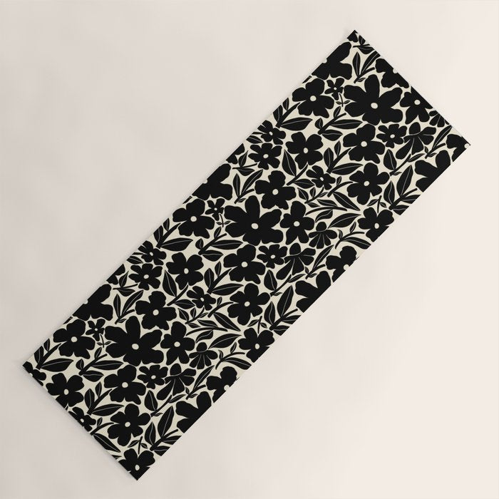 Black and White Retro Groovy Flowers  Yoga Mat Gallery Image 1