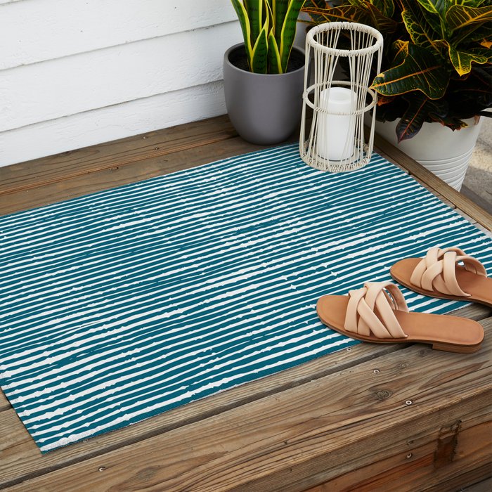 Teal Striped Abstract Pattern Outdoor Rug Gallery Image 2
