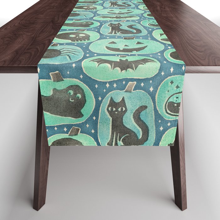 Halloween Pumpkins - ghoulish green  Table Runner Gallery Image 1