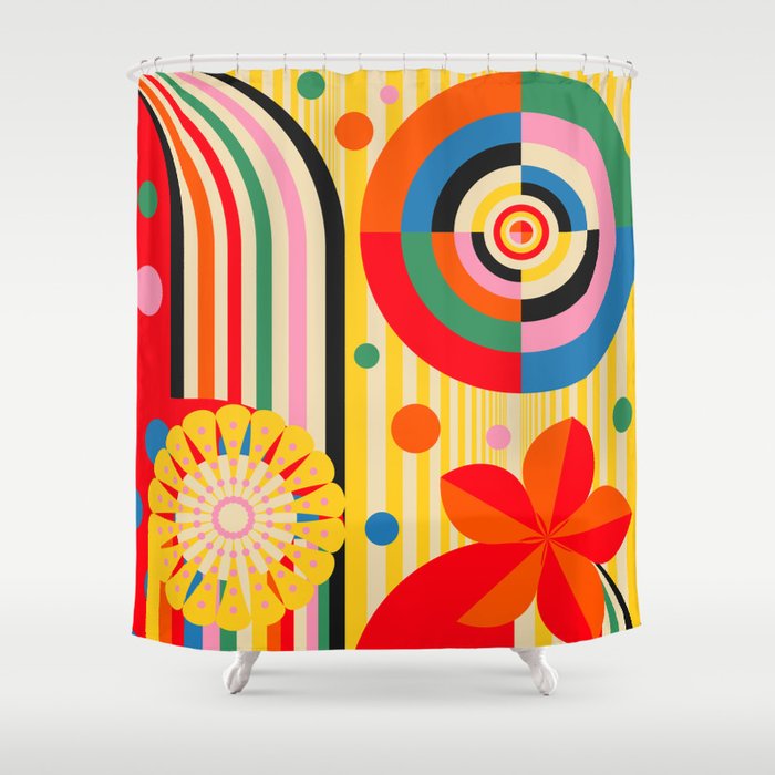 Bold Rainbow Sunflower, Circles, Girl and Pop Wave Shower Curtain Gallery Image 1