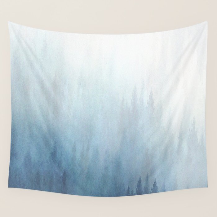 Abstract Blue Ombre Misty Forest Wall Tapestry