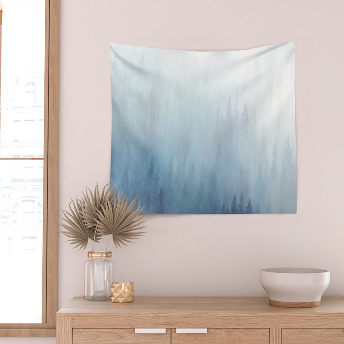 Abstract Blue Ombre Misty Forest Wall Tapestry Gallery Image 2
