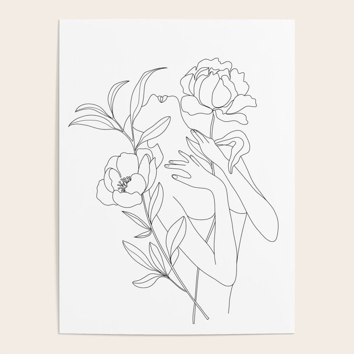 Minimal Line Art Woman with Peonies Poster Gallery Image 1