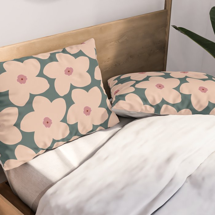 Green And Peach Retro Flower Pillow Sham Gallery Image 2