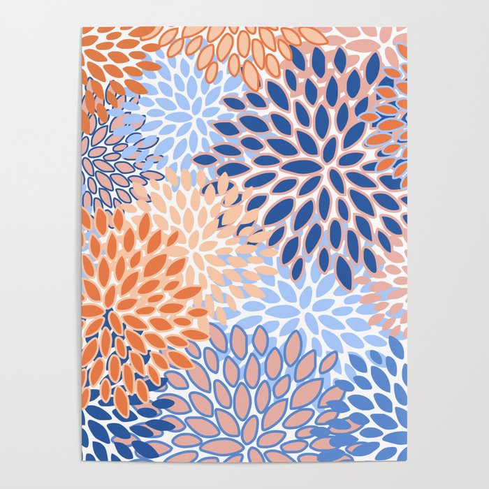 Modern, Floral Prints, Orange and Blue Poster Gallery Image 1