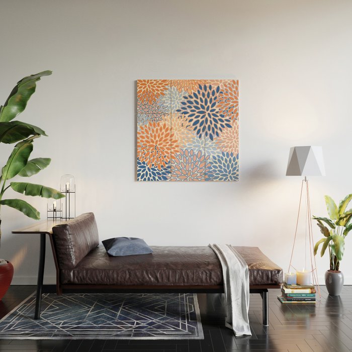 Modern, Floral Prints, Orange and Blue Wood Wall Art Gallery Image 2