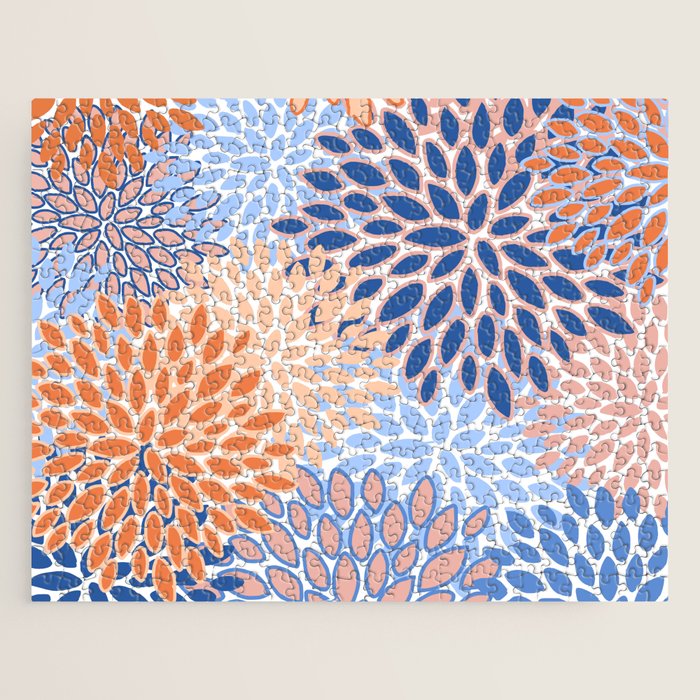 Modern, Floral Prints, Orange and Blue Jigsaw Puzzle Gallery Image 1