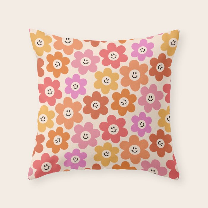 Retro Smiley Flowers Pattern Throw Pillow Gallery Image 6