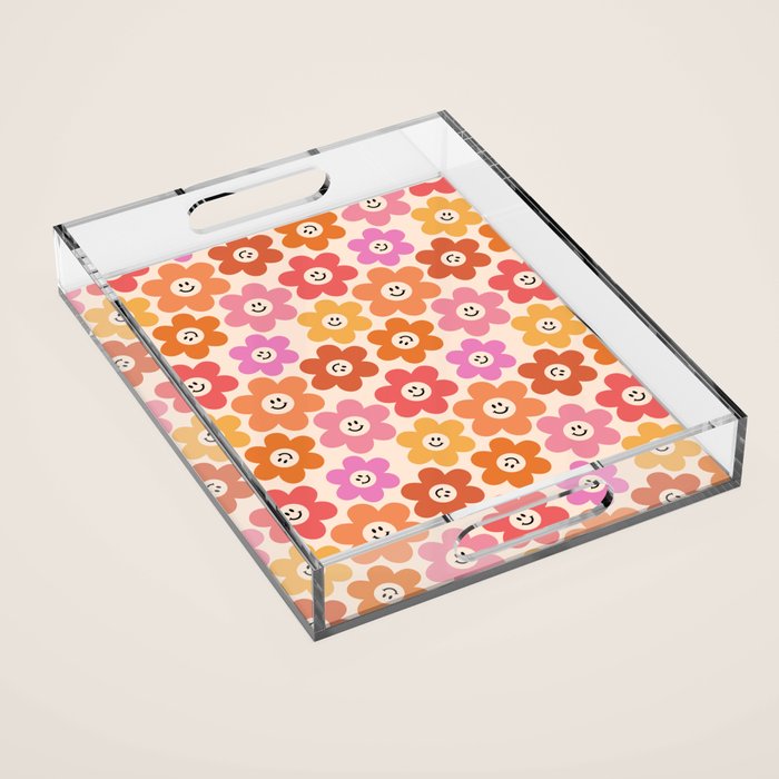 Retro Smiley Flowers Pattern Acrylic Tray Gallery Image 1