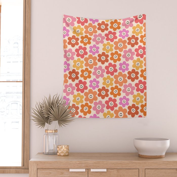 Retro Smiley Flowers Pattern Wall Tapestry Gallery Image 2