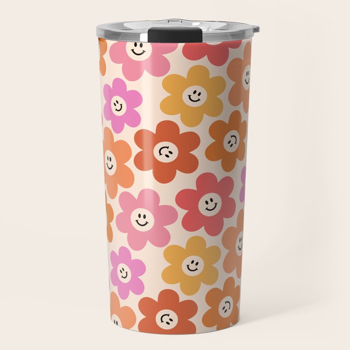 Retro Smiley Flowers Pattern Travel Mug Gallery Image 1