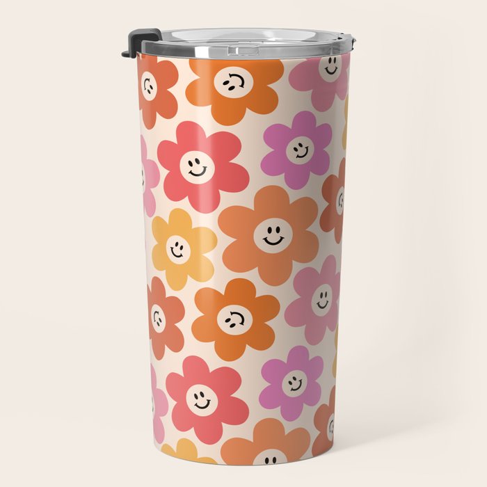 Retro Smiley Flowers Pattern Travel Mug Gallery Image 3