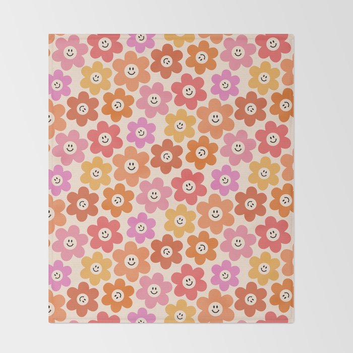 Retro Smiley Flowers Pattern Throw Blanket Gallery Image 2