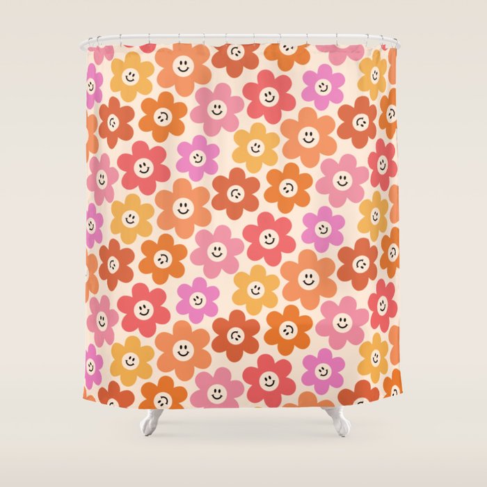 Retro Smiley Flowers Pattern Shower Curtain Gallery Image 1