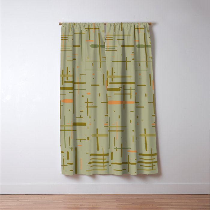 Mid-Century Modern Kinetikos Pattern in Retro Celadon Olive Green Cantaloupe Orange Window Curtain Gallery Image 3