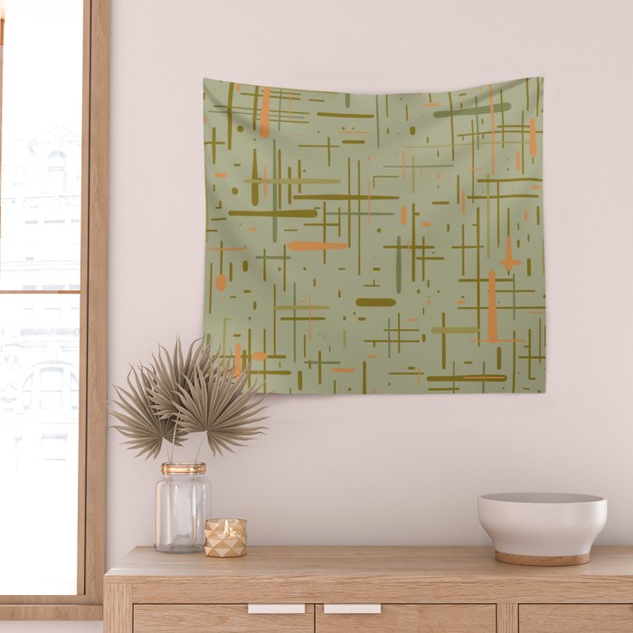 Mid-Century Modern Kinetikos Pattern in Retro Celadon Olive Green Cantaloupe Orange Wall Tapestry Gallery Image 2