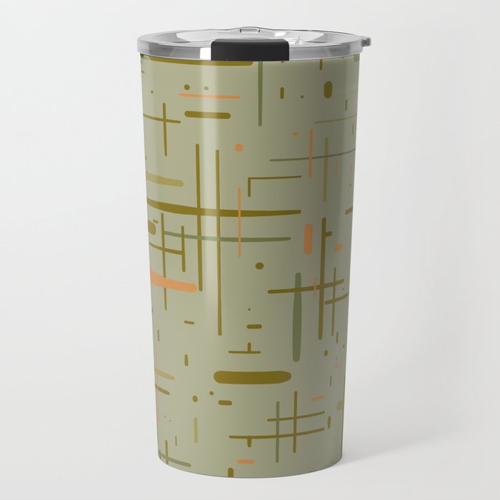 Mid-Century Modern Kinetikos Pattern in Retro Celadon Olive Green Cantaloupe Orange Travel Mug Gallery Image 1