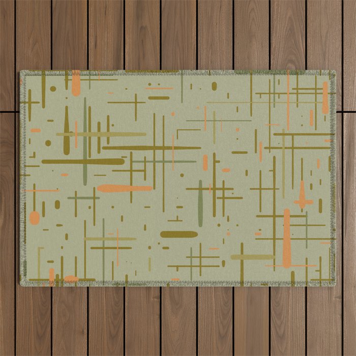 Mid-Century Modern Kinetikos Pattern in Retro Celadon Olive Green Cantaloupe Orange Outdoor Rug Gallery Image 1